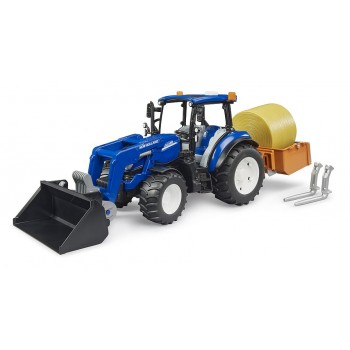 BRUDER New Holland T5.120 mit FL, Ladekasten, Gabeln und 1 Rundballen