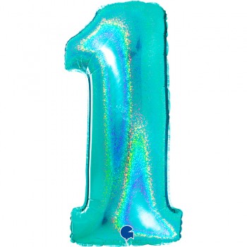 Folienballon Glitter Zahl 1 türkis holo, 102 cm im Beutel einzeln verpackt