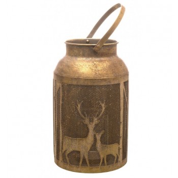 Laterne Metall gold gebürstet Weihnachtsmotiv Hirsch 26 cm mit Glaseinsatz