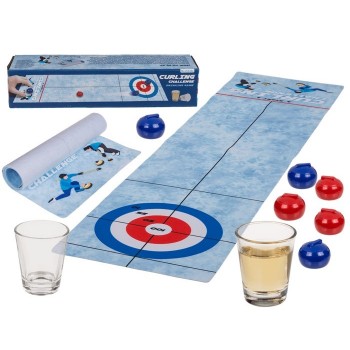 Trinkspiel Tisch Curling 120x30 cm inkl. 1 Matte 6 Steine & 2 Shooter Gläser