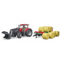 Case IH Optum 300CVX mit Frontlader und Ballentransportanhänger mit 8 Rundballen