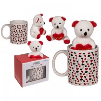Tasse weiss mit Herzchen und Plüsch Bär 10x8cm Steingut