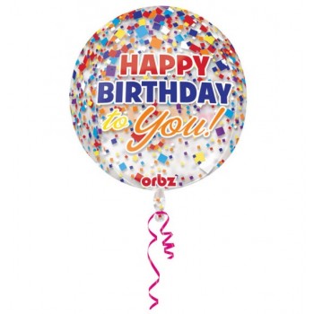 Orbz "Happy Birthday", ballon en film transparent avec confettis