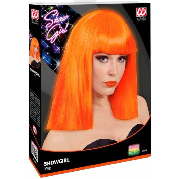 Peruque Showgirl orange fluo néon, dans la boîte