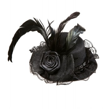 Petit chapeau avec fleur, tulle et plume noir
