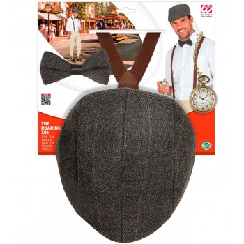 Set annees 20 chapeau plat, bretelles, noeud papillon