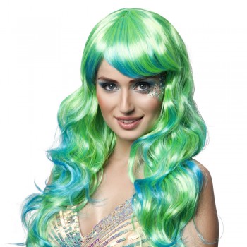 Perruque sirène cheveux longs vert-bleu