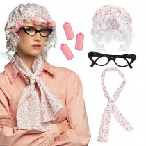 Set Grand-mère bonnet de nuit, écharpe, lunette, bigoudis